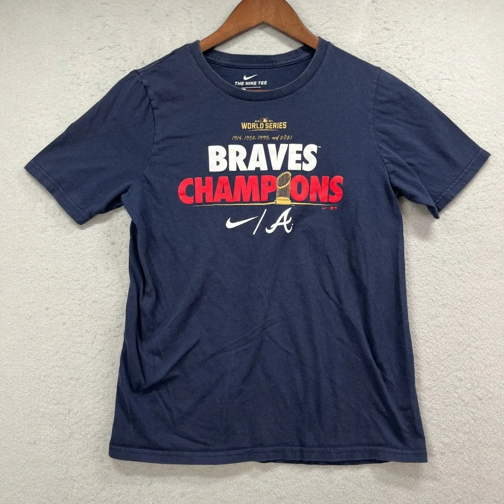 Nike Atlanta Braves T Shirt Youth L Navy 2021 World Series Champions Graphic